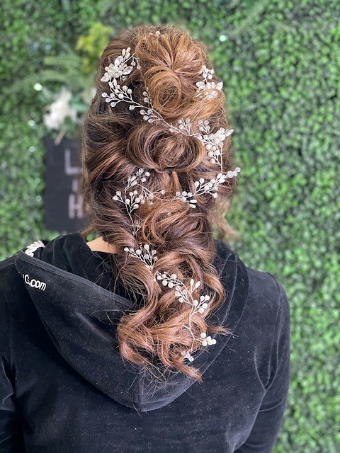 Romantic braided half-up style with pinned curls and crystal hair vines